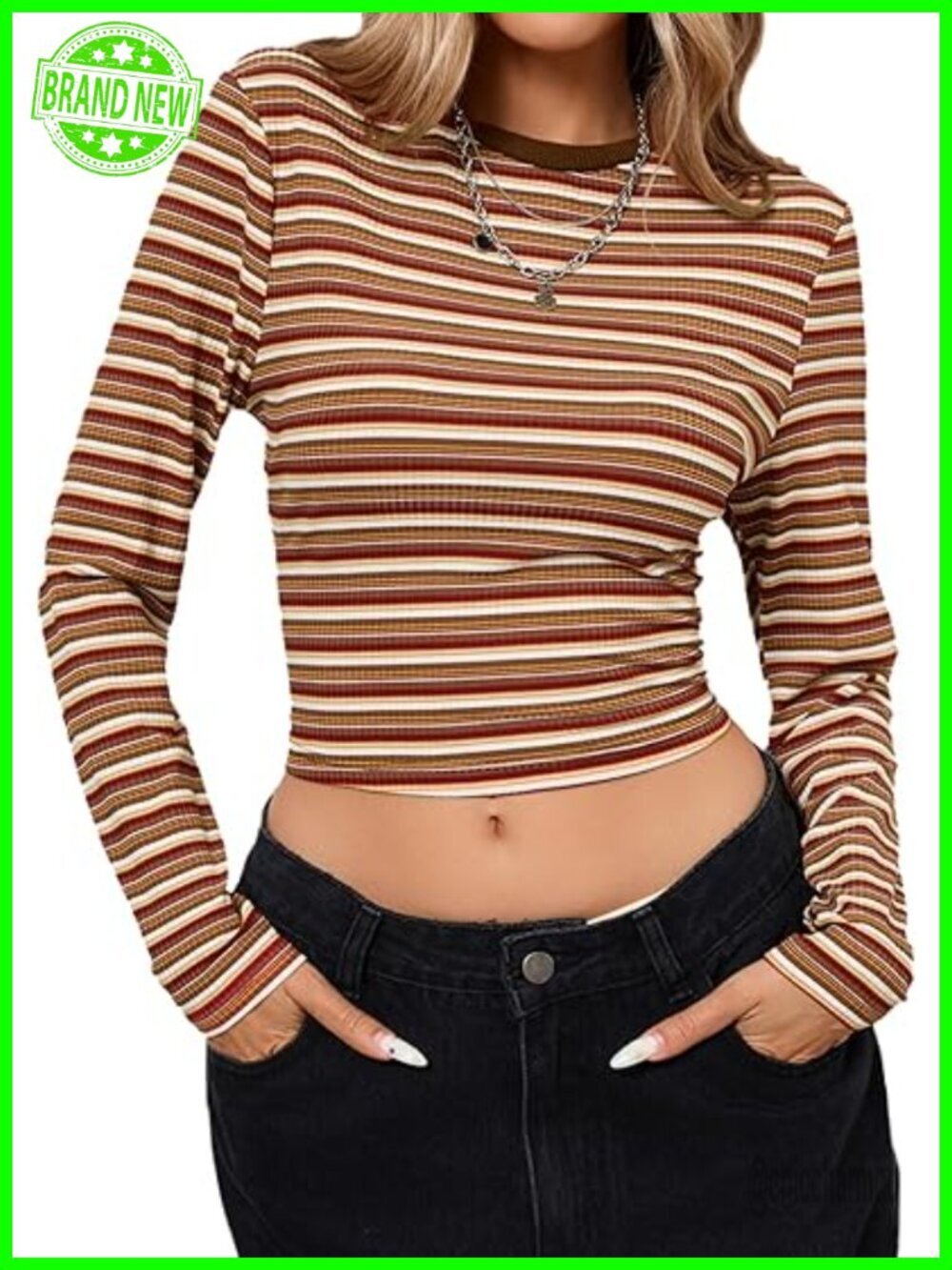 Retro Fitted Long Sleeve Striped Ribbed Crew Neck Crop Top